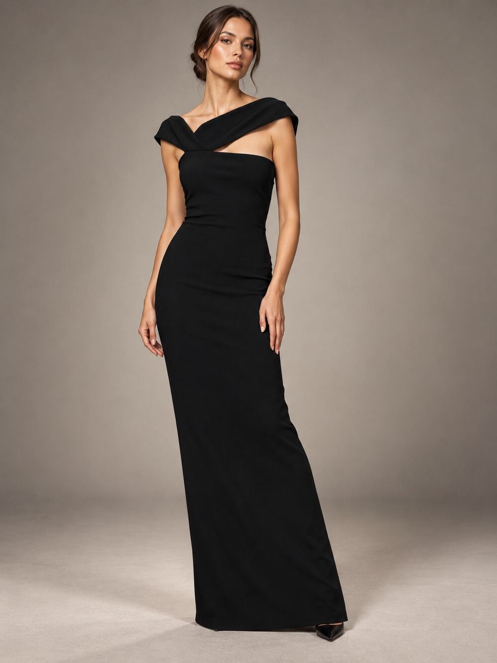 Nookie Black Asymmetric Cross Strap Crepe Maxi Gown Back Slit Bodycon Size M